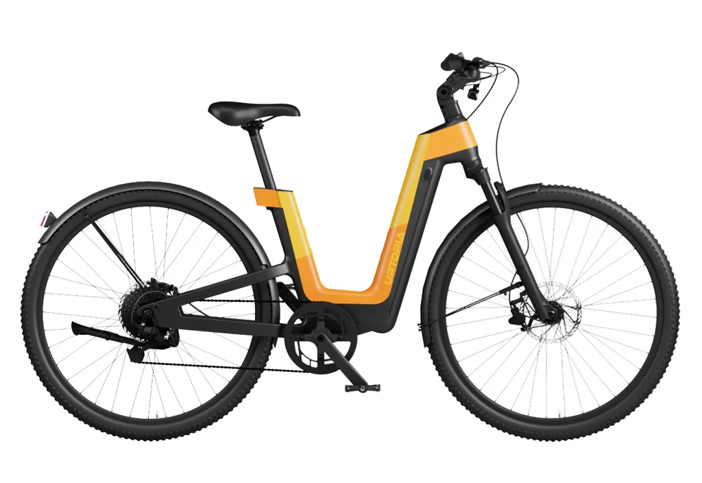 The Urtopia Carbon Fusion Pro by Urtopia is a modern all-terrain eBike with a yellow and black frame, step-through design, high-torque motor, front suspension fork, and flat handlebars.