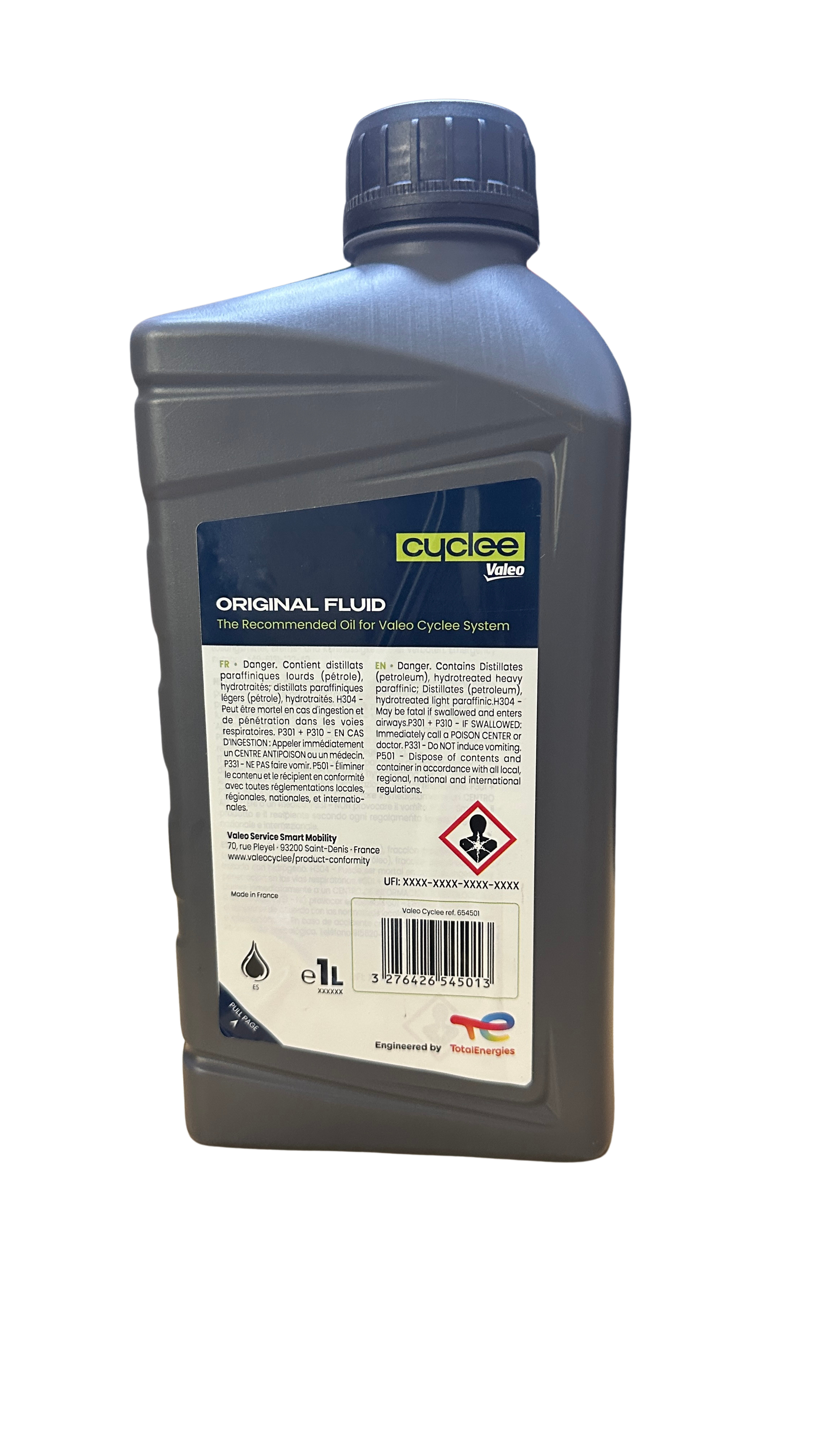 A 1L bottle of Valeo Cyclee E-Bike Engine Oil, by Valeo, recommended for the Yatno Cyclee System, with visible label details and safety icons.