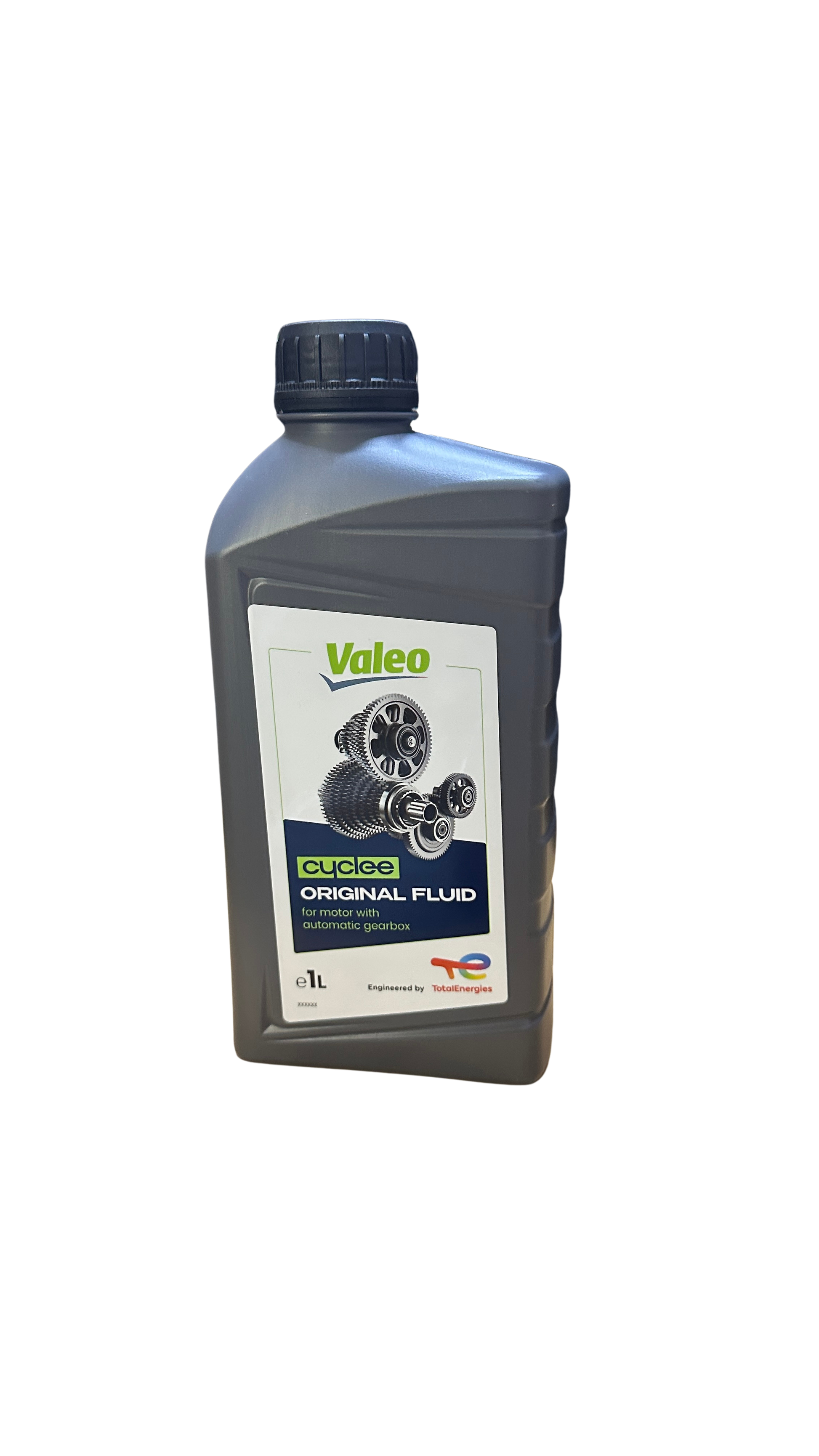 A 1L bottle of Valeo Cyclee E-Bike Engine Oil for automotive use, featuring a branded label with gear graphics.