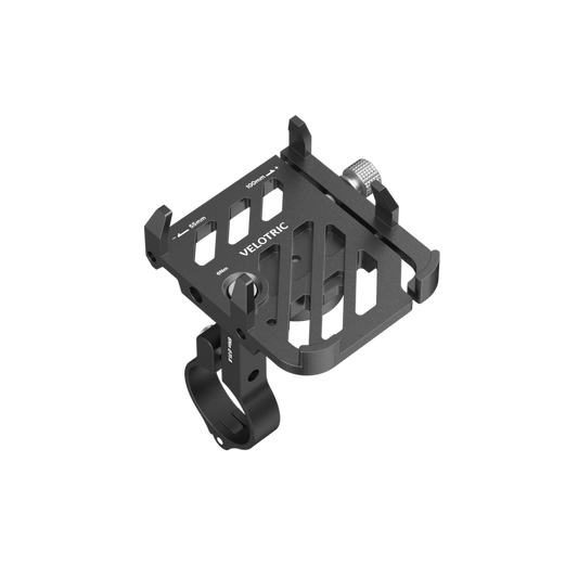 A black Phone Holder - Velotric from Velotric, crafted from aluminium alloy with adjustable clamps and a sturdy metal frame for your e-bike.