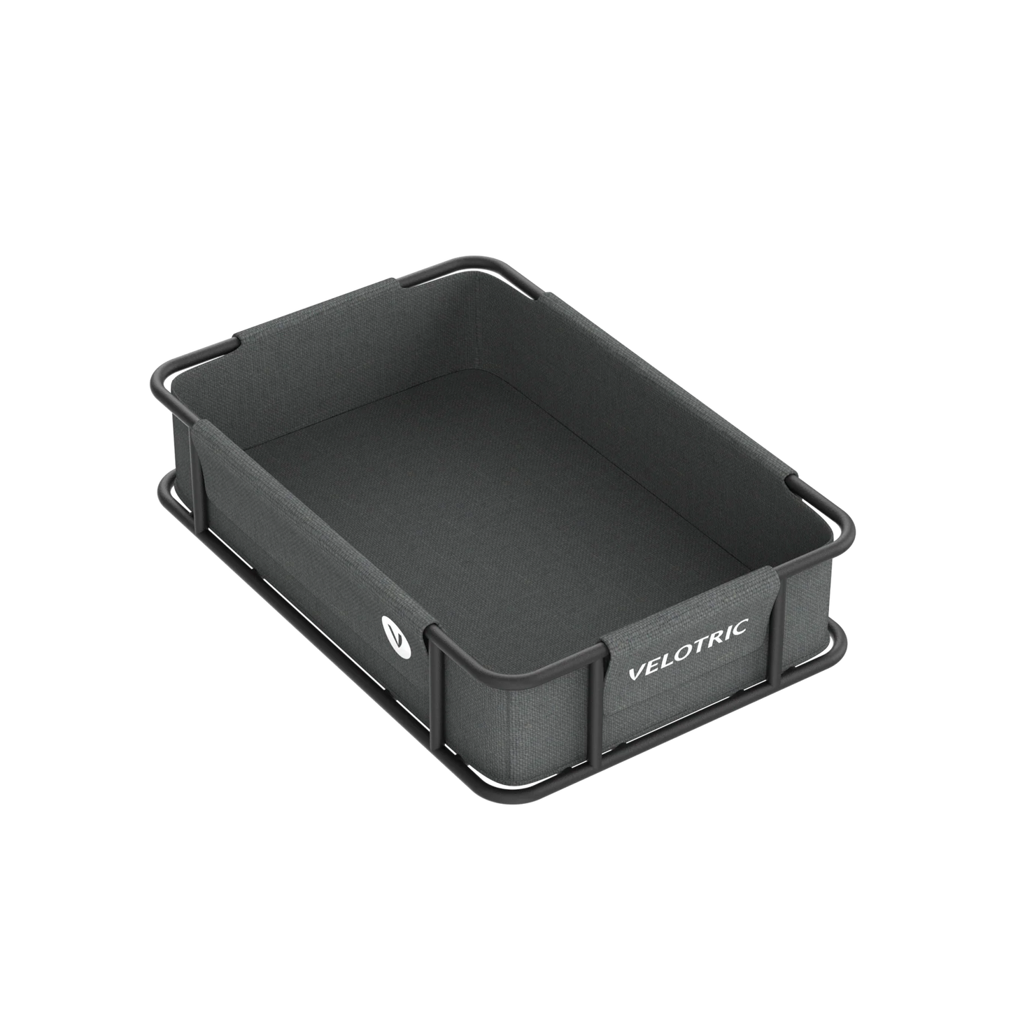 A large volume Velotric rear basket with a waterproof fabric, displayed on a black tray on a black background.