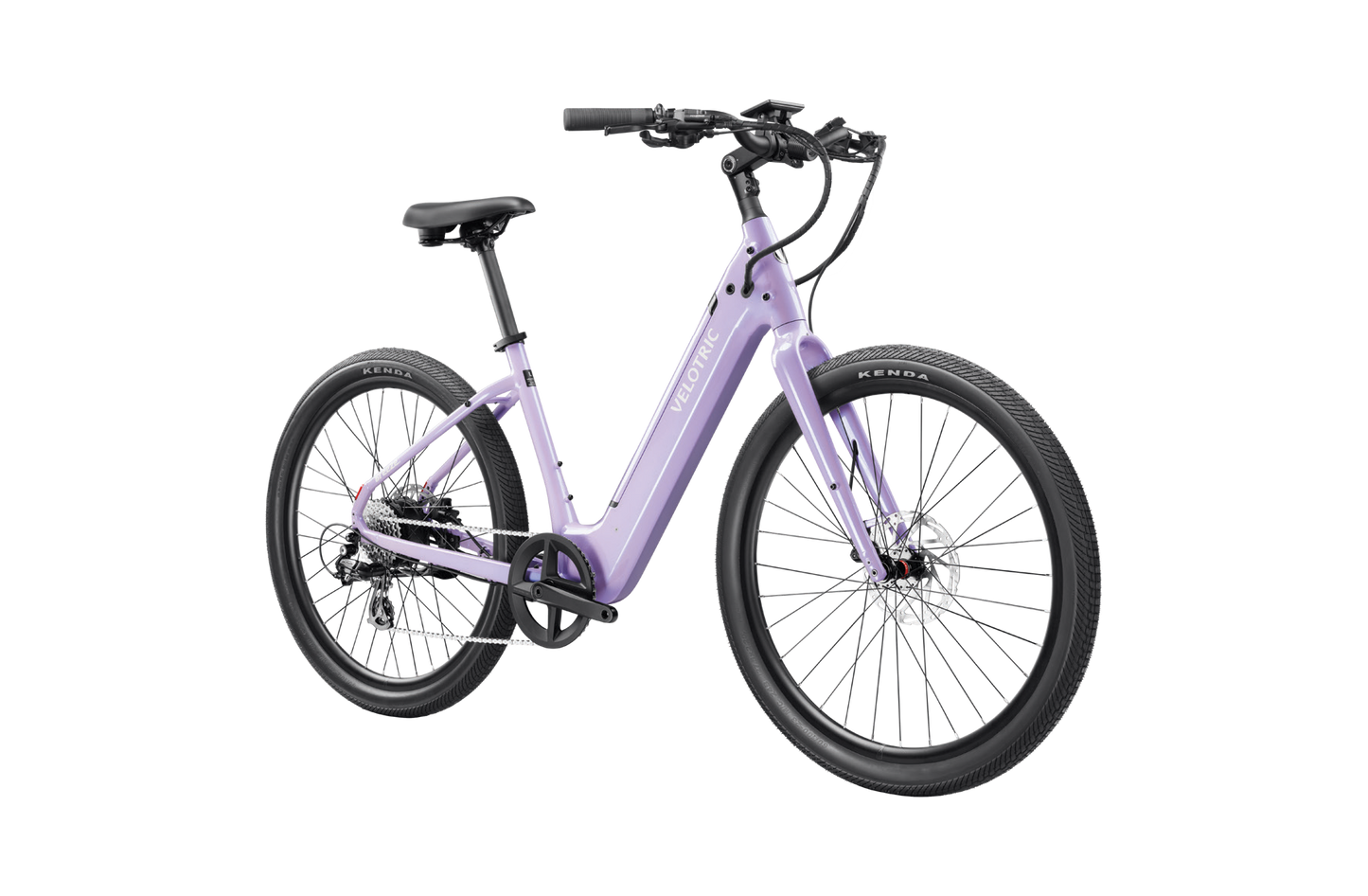 The Velotric Breeze eBike features a striking lavender step-through frame, black seat, and large tires. Its 1,750W motor ensures a smooth urban ride.