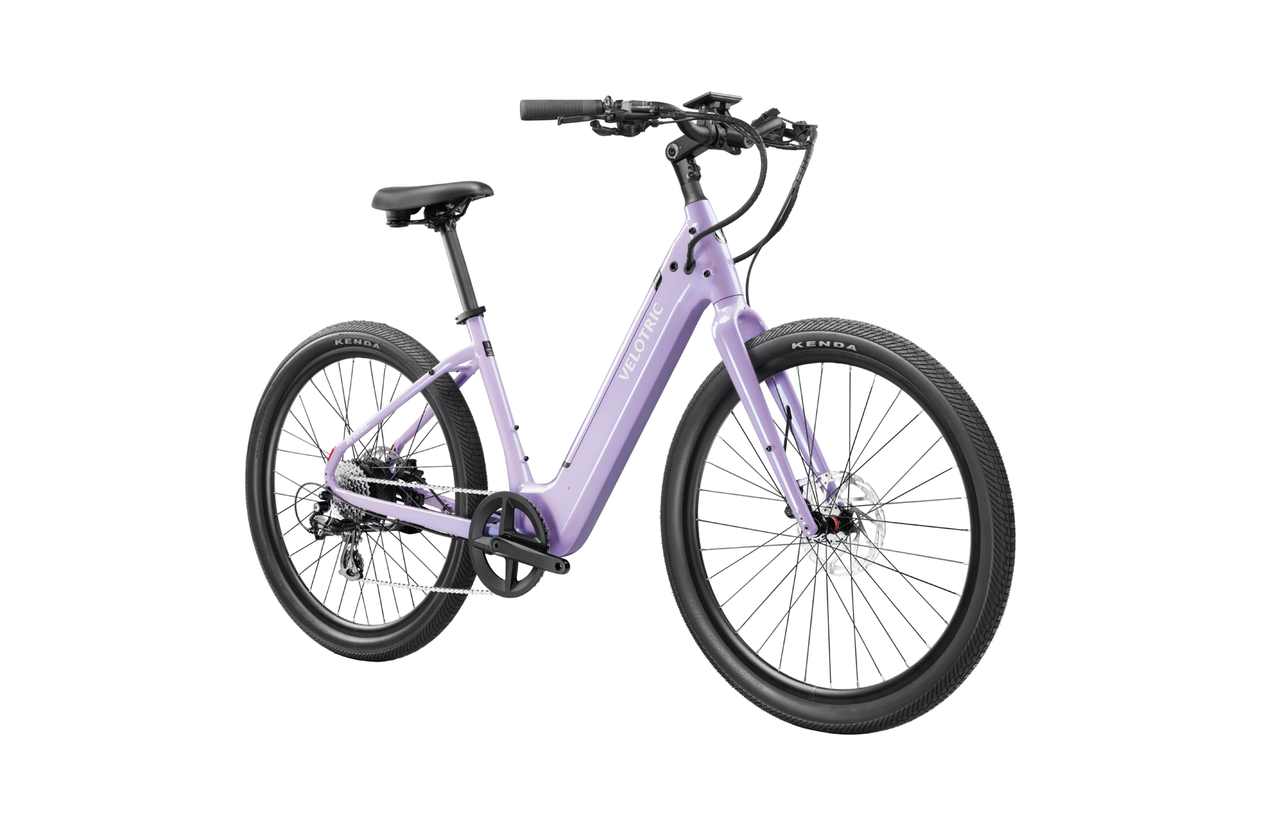 The Velotric Breeze eBike features a striking lavender step-through frame, black seat, and large tires. Its 1,750W motor ensures a smooth urban ride.