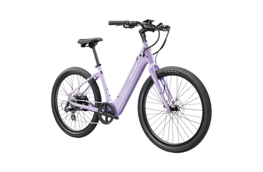 The Velotric Breeze eBike features a striking lavender step-through frame, black seat, and large tires. Its 1,750W motor ensures a smooth urban ride.