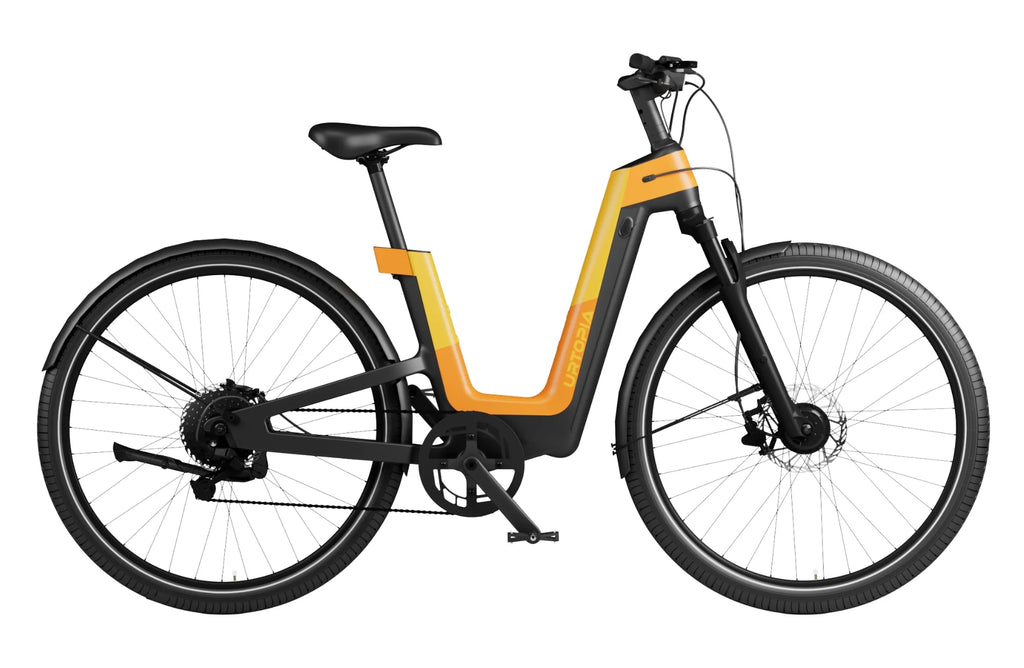 The Urtopia Carbon Fusion GT eBike boasts a yellow and black frame, high handlebars, step-through design, and a powerful 750W motor, all showcased from the side on a white background.