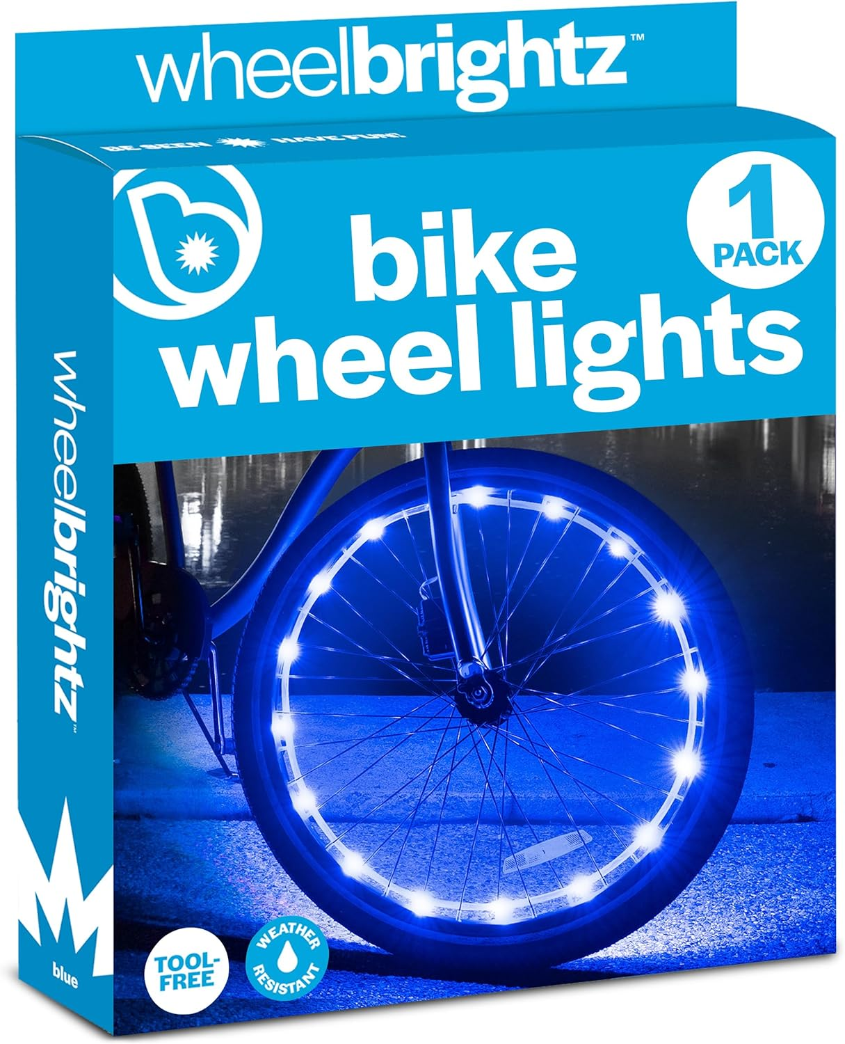 The Wheel Brightz by Brightz features vibrant blue bicycle wheel lights with a dazzling illuminated wheel displayed on the box.