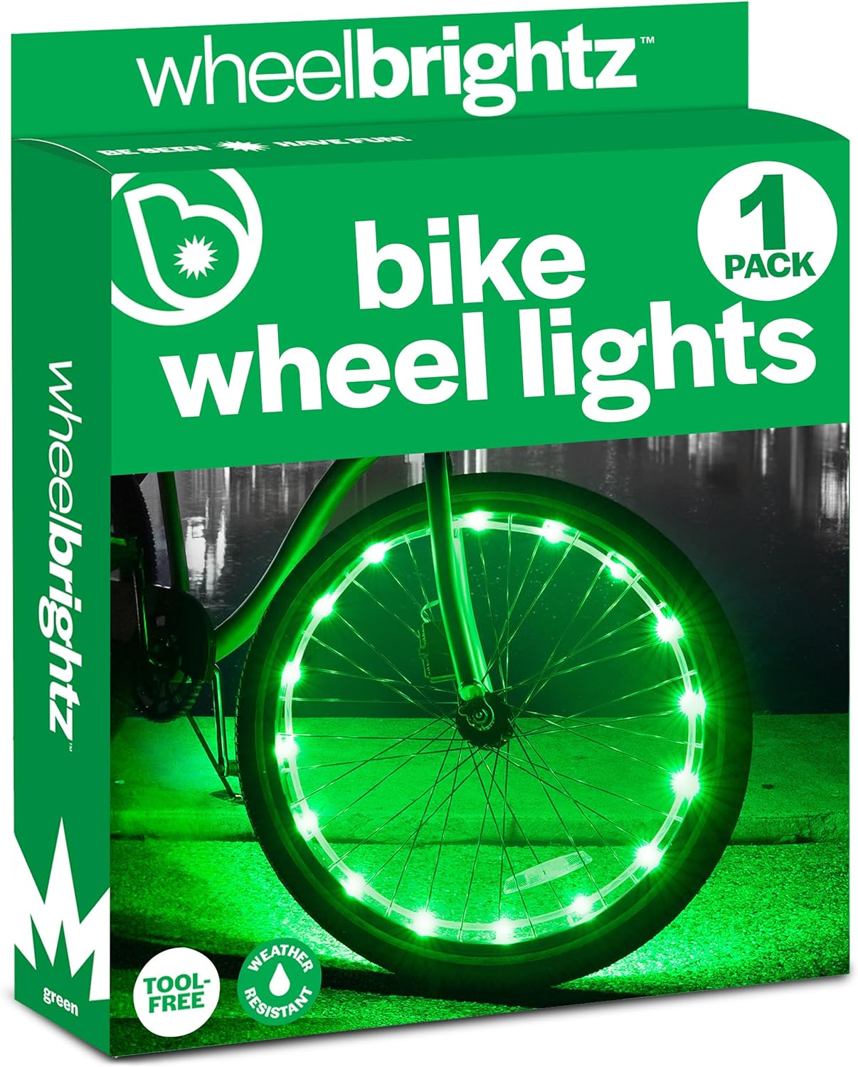 A box of Brightz's Wheel Brightz lights up a bike wheel in bright green, enhancing your ride with vibrant illumination.