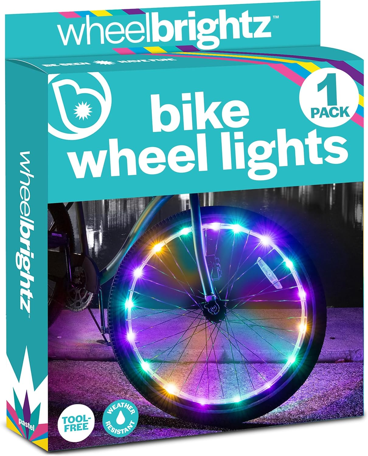 The packaging of Brightz's Wheel Brightz LED Wheel Lights showcases vibrant colors on a bicycle wheel, enhancing any ride with colorful illumination.