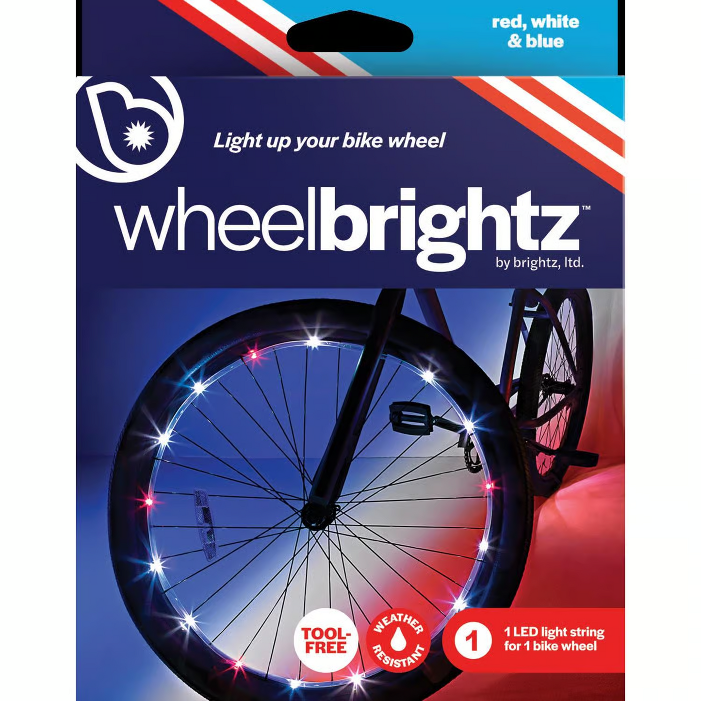 The packaging for Brightz's Wheel Brightz displays an LED light string in vibrant red, white, and blue colors designed for bike wheels.