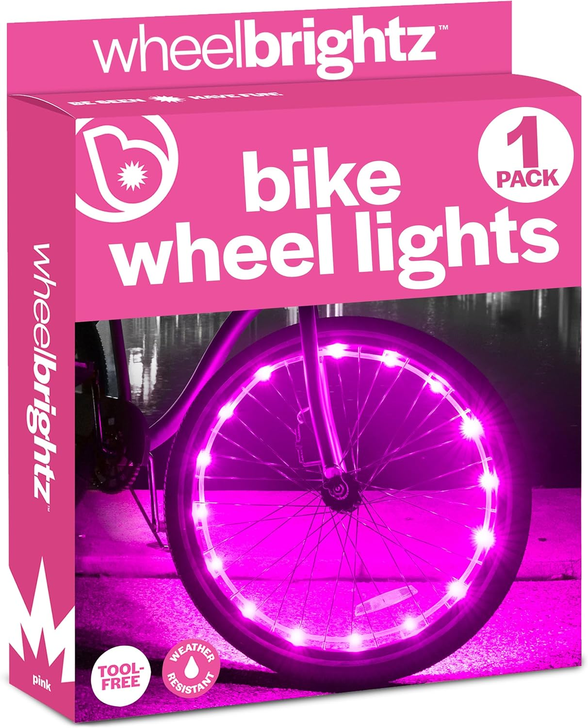 The packaging for Brightz's Wheel Brightz LED lights displays a bike with vibrant pink hues lighting up the wheels.