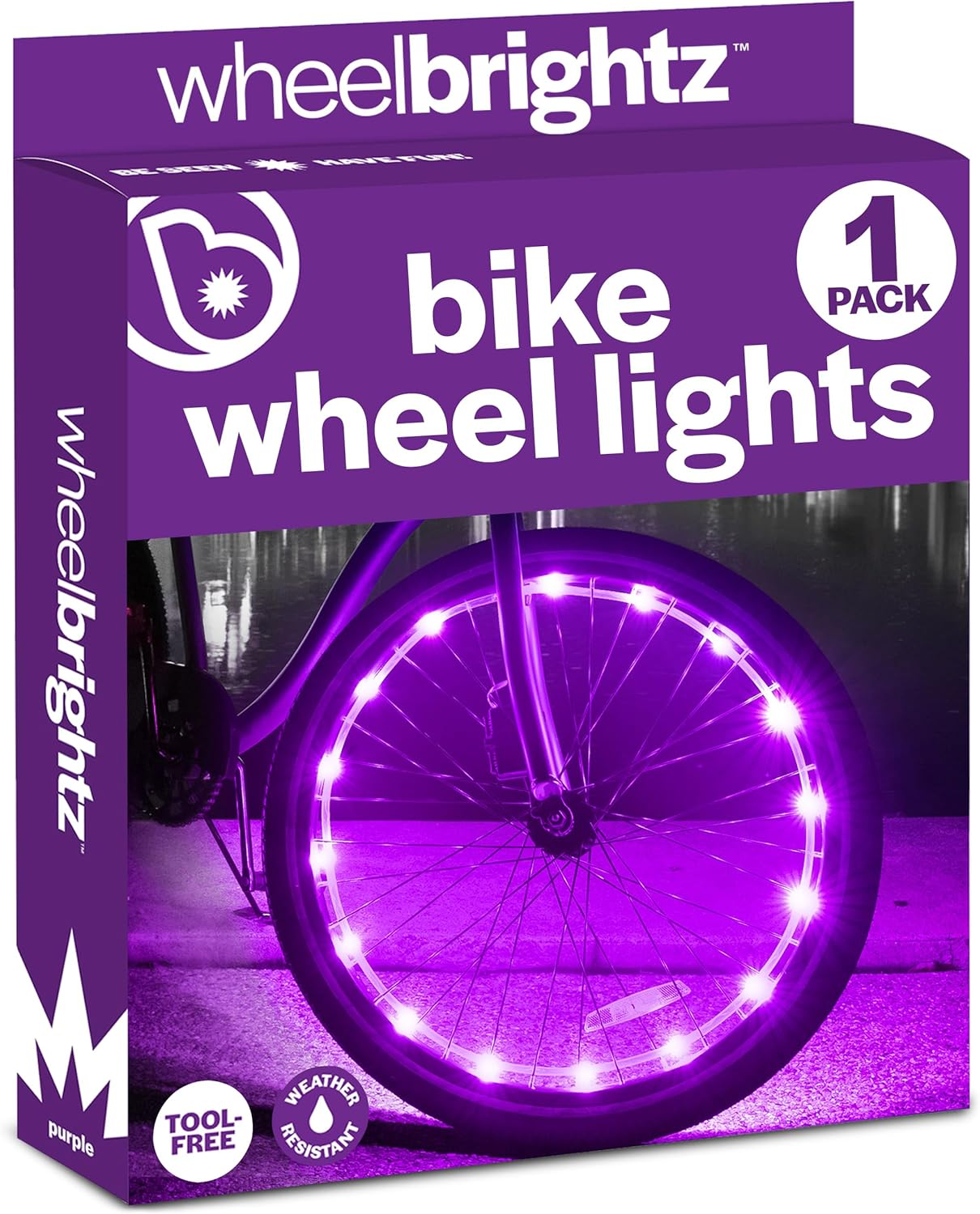 Box of Brightz Wheel Brightz LED Bike Wheel Lights in purple, showcasing a vibrant illuminated bicycle wheel on the front.