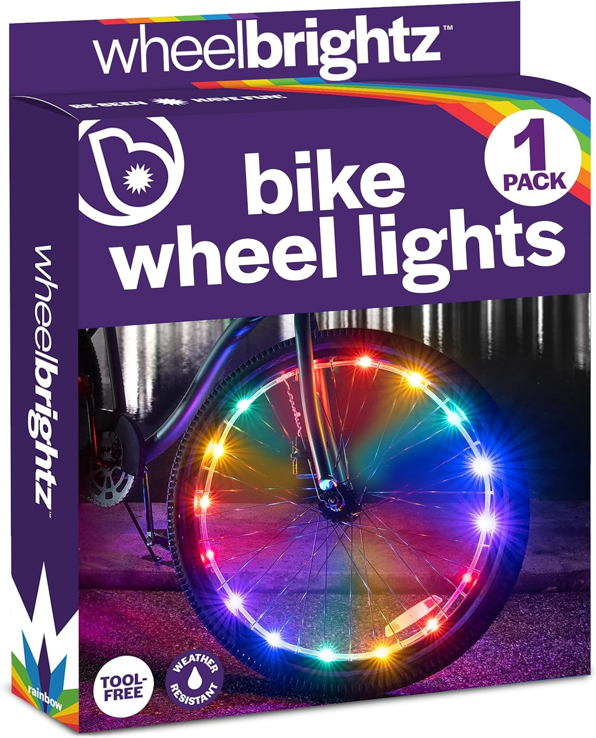 The "Wheel Brightz" LED Bike Wheel Lights by Brightz feature packaging with a vibrant rainbow wheel illustration. It's labeled as tool-free, weather-resistant, and includes one pack.