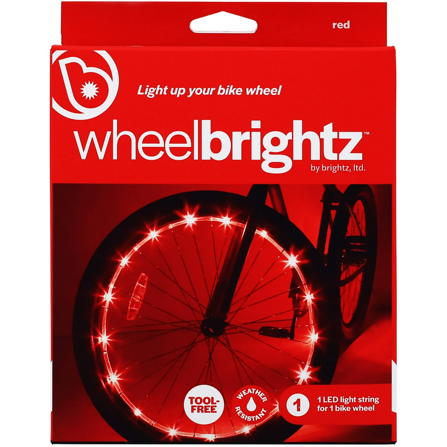 The Brightz Wheel Brightz packaging displays an LED-lit bicycle wheel, emphasizing vibrant colors, weather resistance, and tool-free installation for easy setup on your cycling adventures.