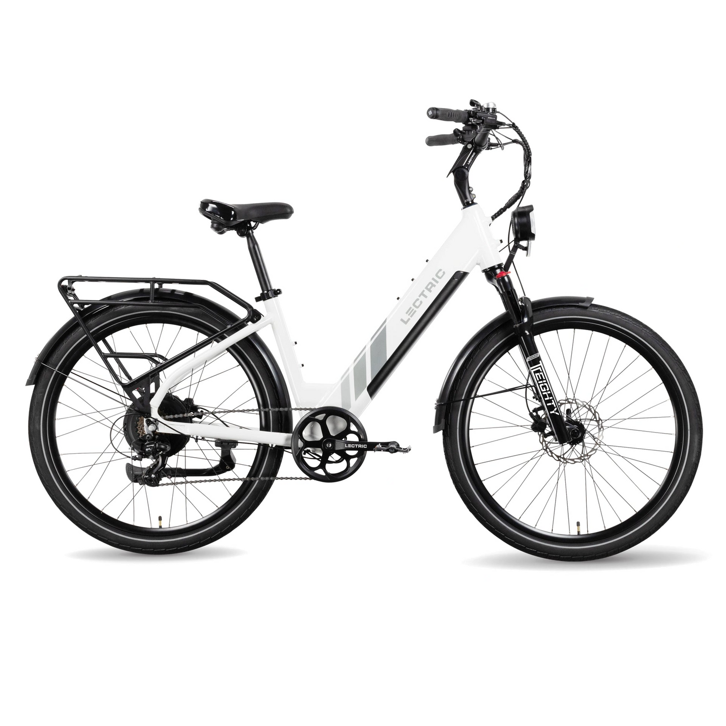 The Lectric - XPress eBike boasts a sleek white design with a step-through frame, front suspension, disc brakes, and rear cargo rack. Equipped with multiple motor options for versatility, it features a stylish black seat for a modern electric ride.