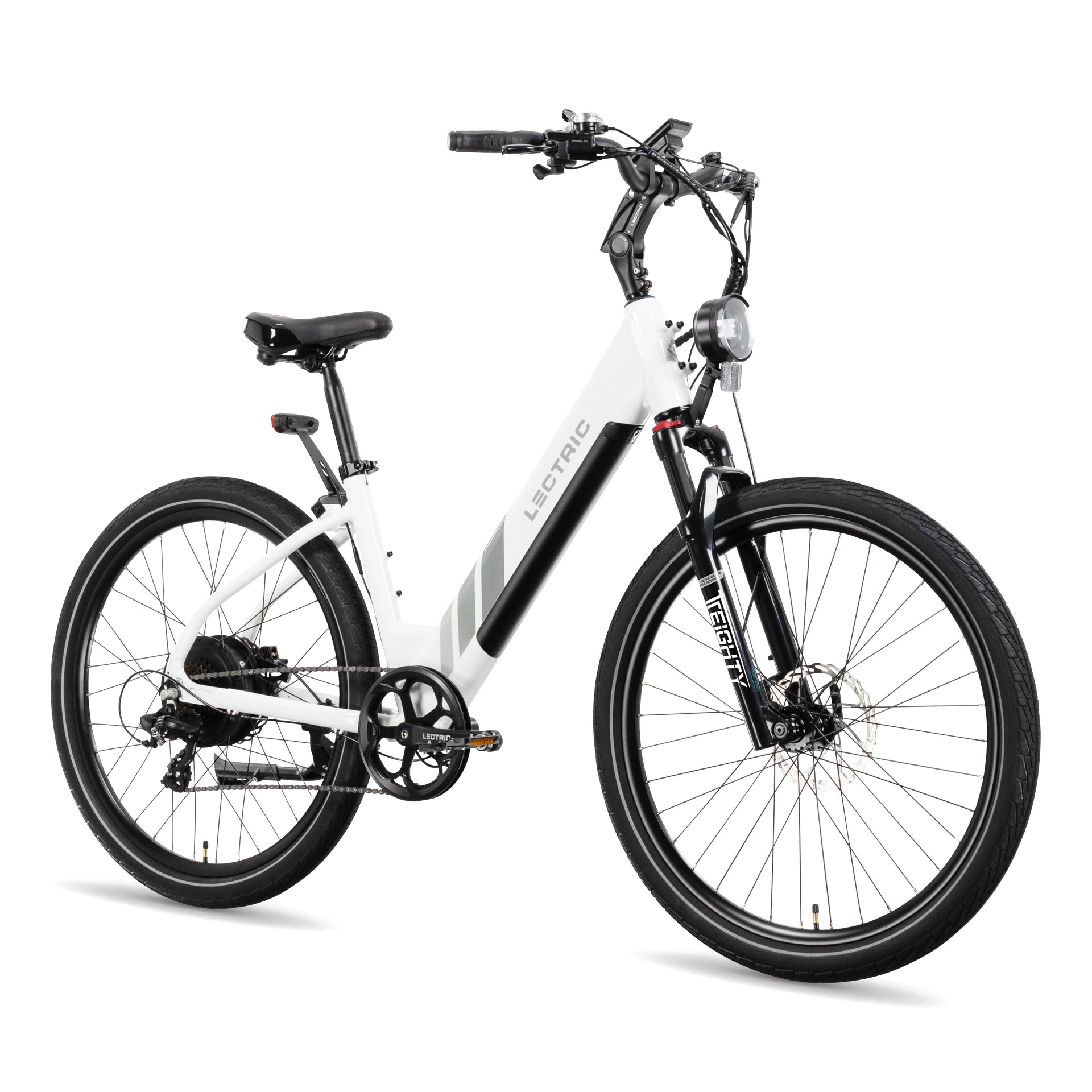 The Lectric XPress eBike features a sleek white step-through frame, front suspension, black handlebars, and wheels. It's designed for versatility with multiple motor options to match your riding style, all elegantly set against a pristine white backdrop.