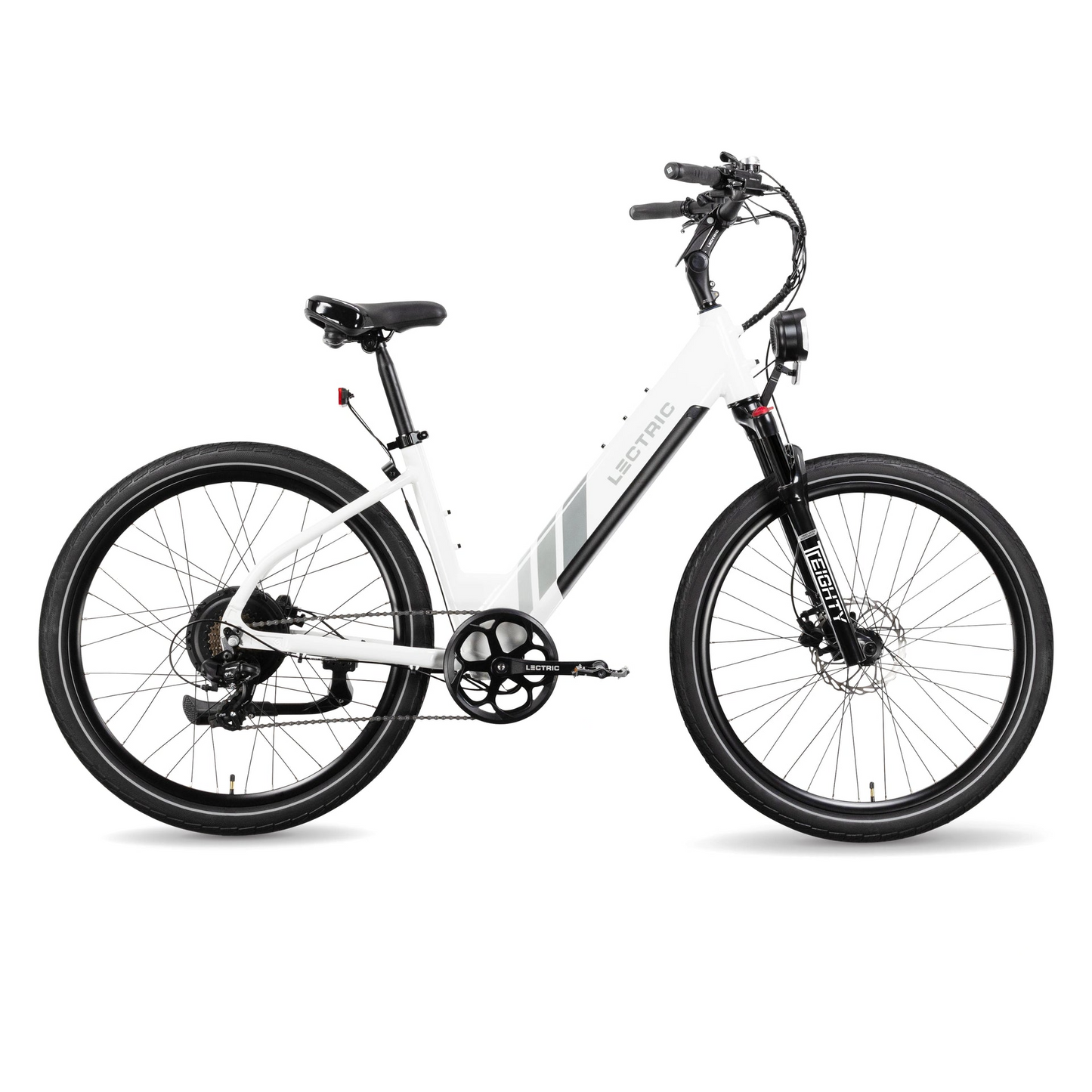 The Lectric - XPress is a stylish eBike in white with black tires and a step-through frame, featuring an adjustable seat and front suspension fork. It offers versatile motor options for an outstanding riding experience.