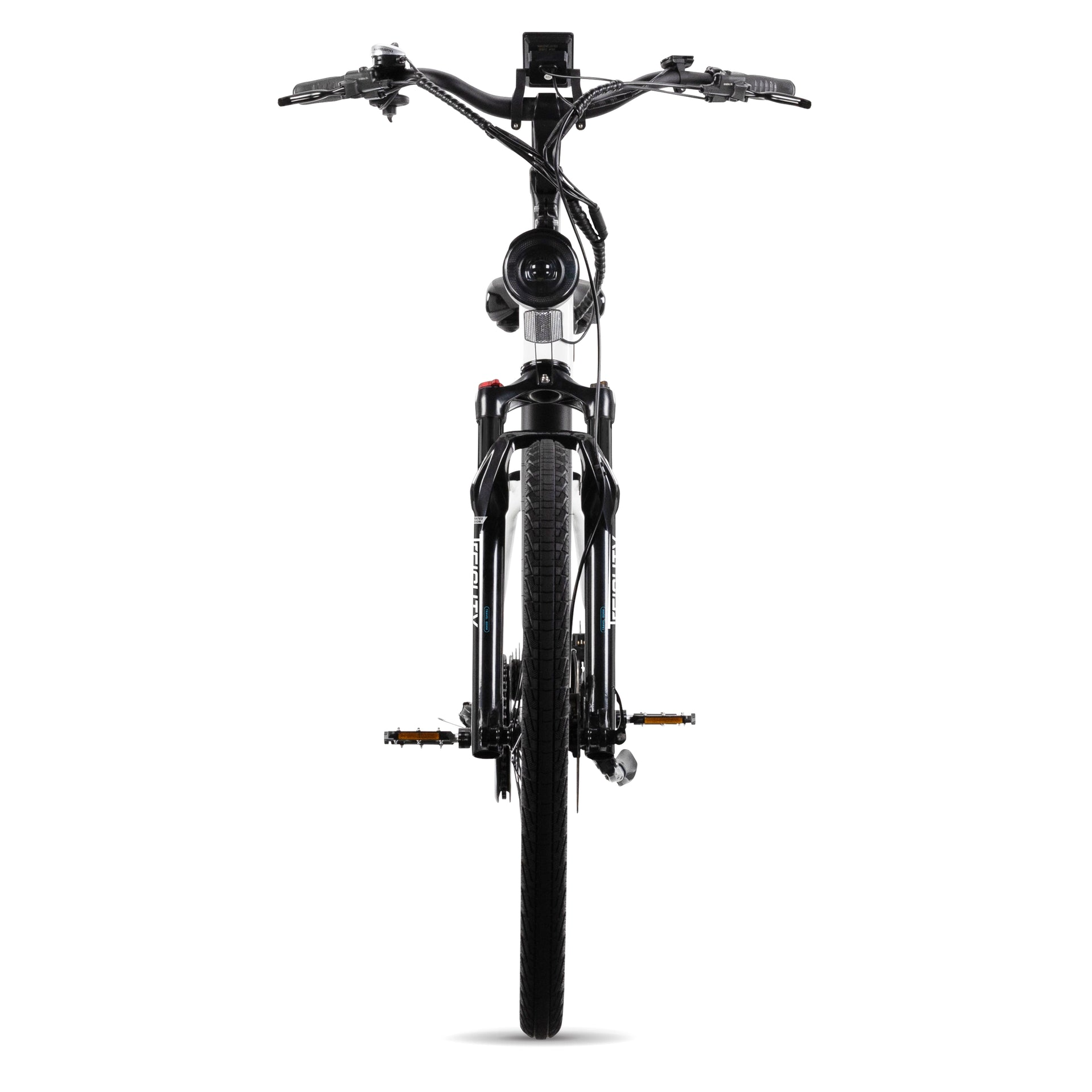 Front view of the sleek black Lectric - XPress eBike, featuring fat tires and a central display. Equipped with a powerful headlight and versatile motor options, it's perfect for both urban streets and rugged trails.