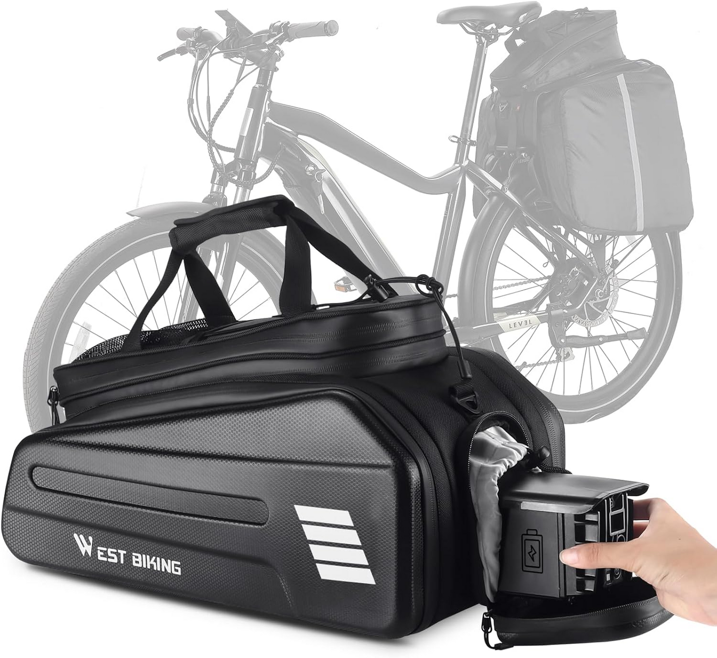 The image features a bicycle equipped with the West Biking Rear Rack Bag by West Biking, showcasing a hand accessing a compartment designed to hold a drink cup. Tailored for electric bicycles, this bag provides convenient storage solutions for your ride.