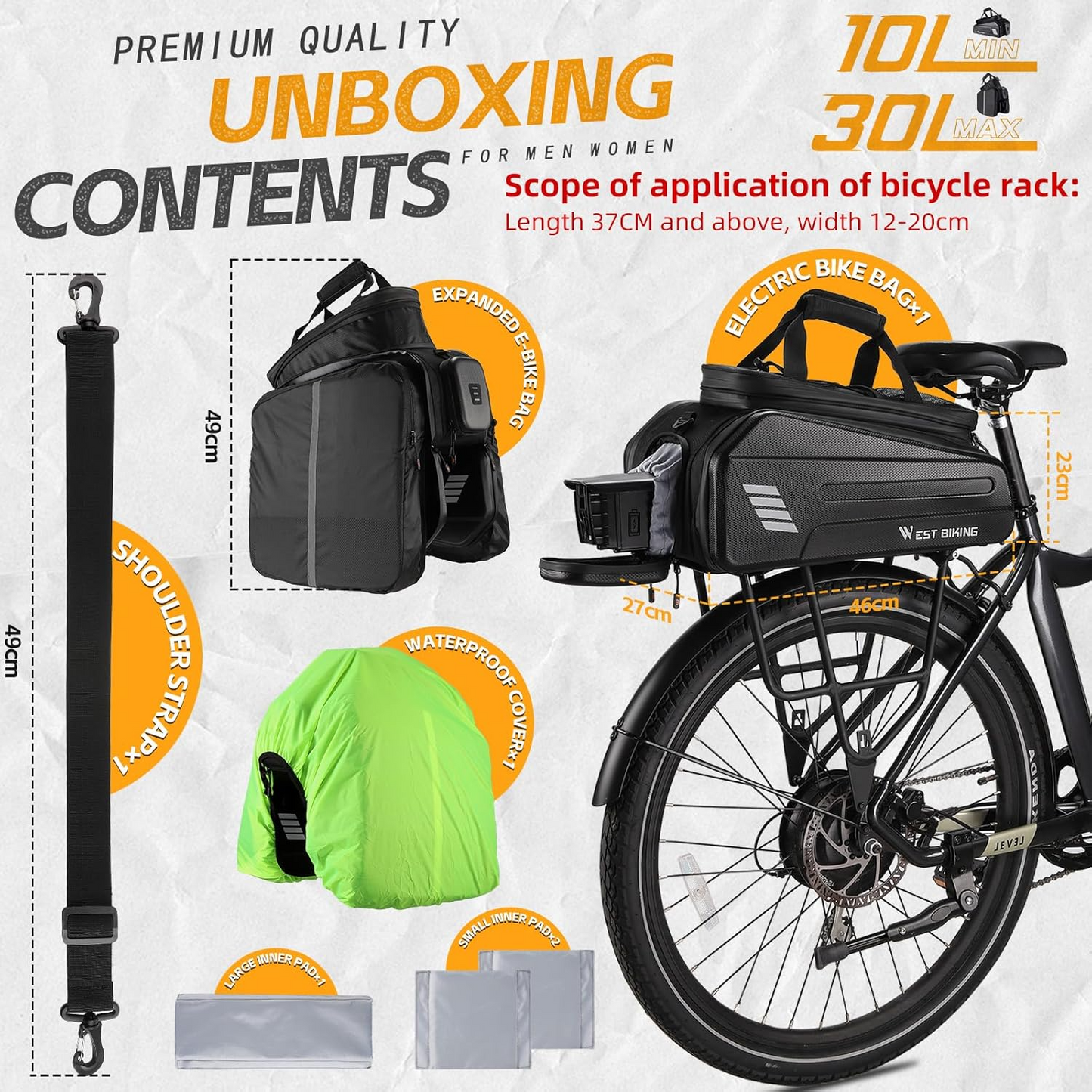 Upon unboxing items for a bike, you'll find the West Biking Rear Rack Bag with eBike Battery Storage, ideal for electric bicycles. It comes equipped with a shoulder strap, a waterproof cover, and essential tools. Designed to fit racks ranging from 37cm in length and 12-20cm in width, this bag offers an adjustable capacity of 10-30 liters and even includes space for storing an eBike battery. It is suitable for both men and women.