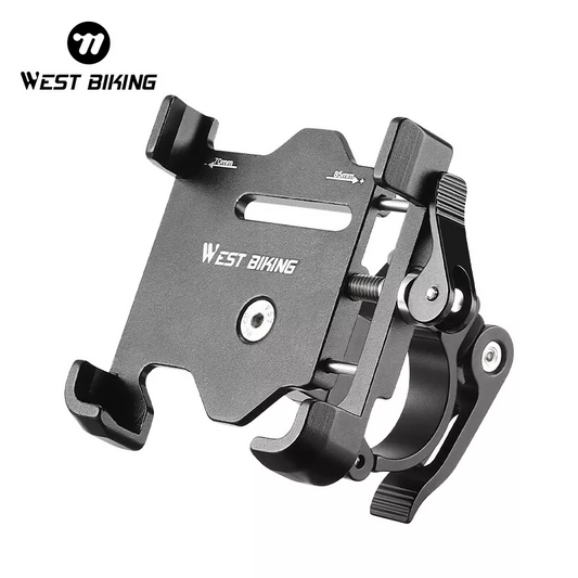 The Cell Phone Holder - Metal Quick Release by Tampa Bay eBikes features a black metal handlebar mount with an adjustable clamp and padding. It offers 360° rotation for optimal viewing and a universal fit, making it ideal for bicycles.