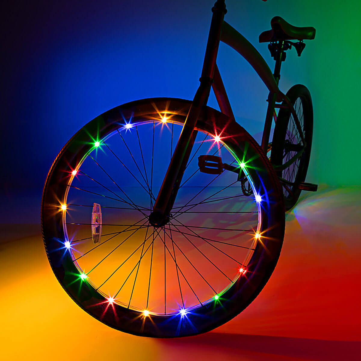 A bicycle with vibrant Tampa Bay eBikes LED bike wheel lights for night riding.