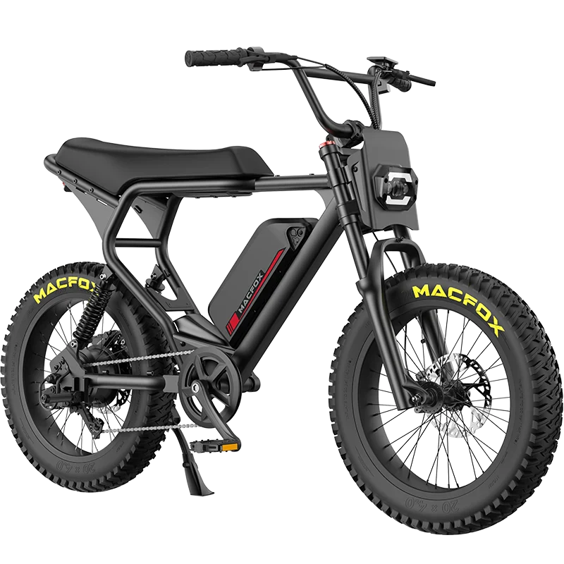 A Macfox - X2 fat tire e-bike in black, with a padded seat and frame-mounted battery, labeled "Macfox," is displayed against a plain white background.