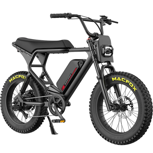 A Macfox - X2 fat tire e-bike in black, with a padded seat and frame-mounted battery, labeled "Macfox," is displayed against a plain white background.