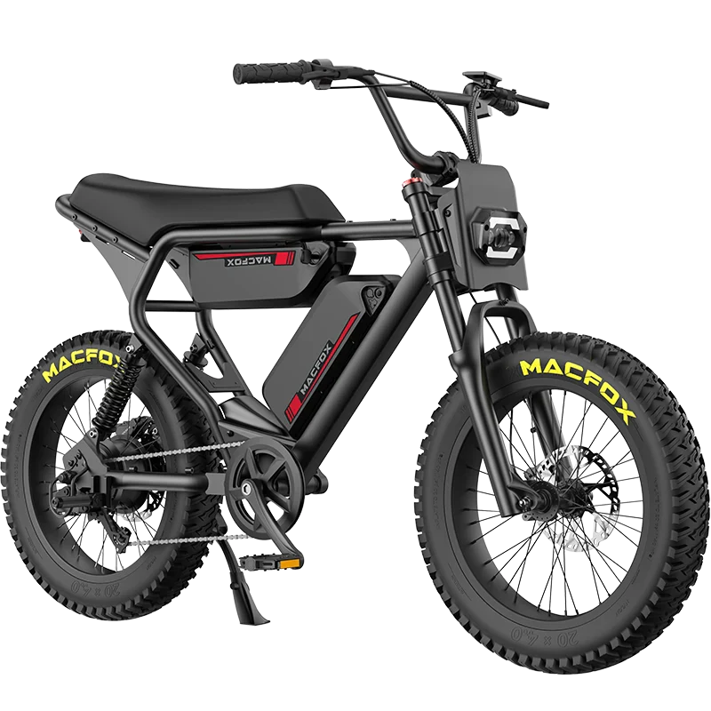 The image shows a Macfox - X2 black fat tire e-bike with a rectangular headlight and frame-mounted battery, labeled "Macfox," set against a plain white background.