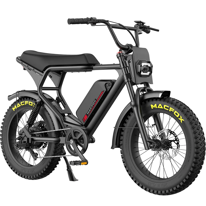 The Macfox X2 is a black fat tire e-bike with robust off-road tires, a rectangular frame battery, front and rear suspension, and “Macfox” branding—ideal for all-terrain electric bike adventures.