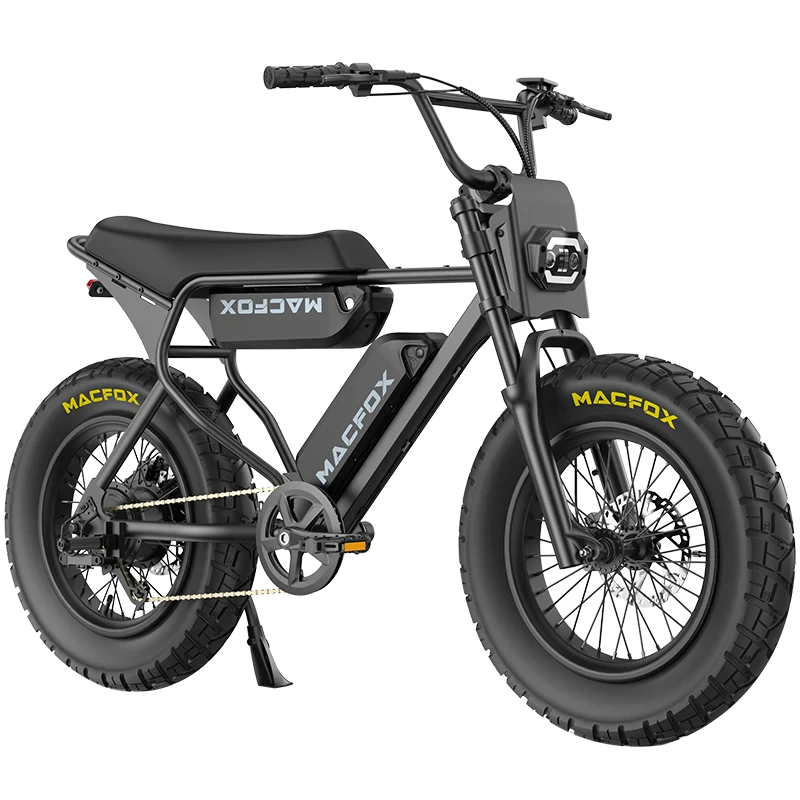 The Macfox - X7L fat tire electric bike, by Macfox, has a black frame with "MACFOX" branding on its tires and battery, a powerful 500W motor, and is set against a white background.