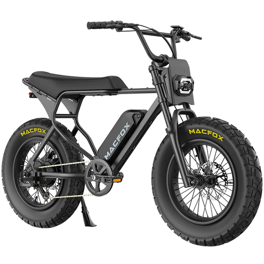 The Macfox X7L fat tire e-bike by Macfox features a matte black finish, robust 500W motor, thick tires, front headlight, flat seat, and pedal assist—blending style and performance in every detail.