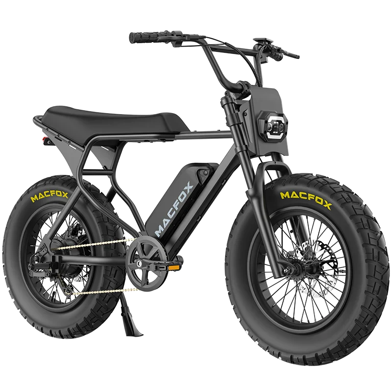 The Macfox X7L fat tire electric bike in black features a minimalist frame, 500W motor, center kickstand, and MACFOX branding on the frame and tires, displayed against a white background.