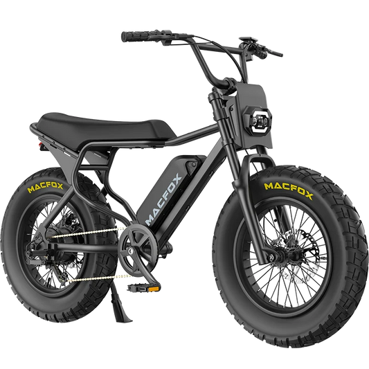 The Macfox X7 is a black retro moped-style eBike with thick tires, featuring "MACFOX" branding on the frame and wheels, displayed on a white background. Available at Tampa Bay eBikes.