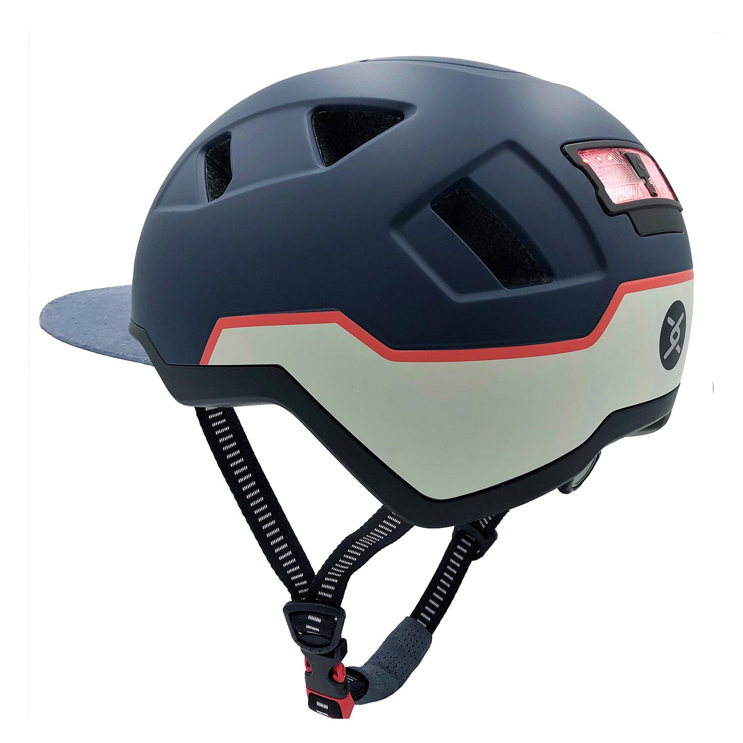 Matte black e-bike Helmet XNITO with adjustable chin strap, LED front and rear lights, and complies with CPSC and NTA-8776 safety standards.