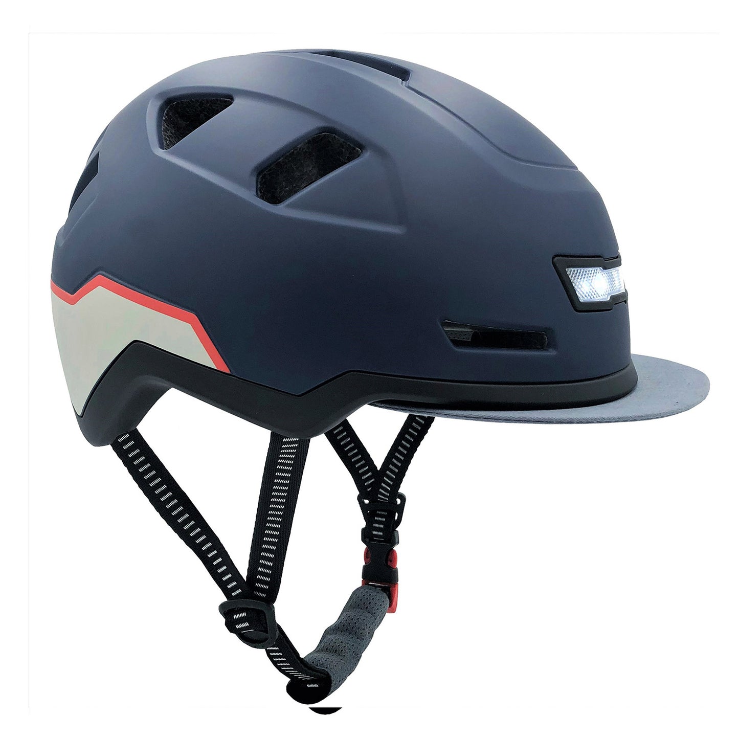 A black XNITO e-bike helmet with a visor and chin strap, featuring an integrated LED front and rear lights, and red and grey accents.