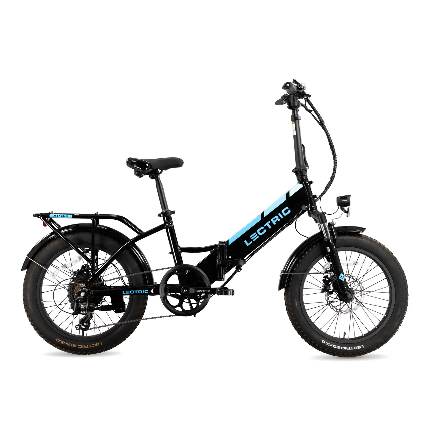 The Lectric XP Step-Thru 3.0 is a sleek eBike that features hydraulic brakes for smooth stopping, a step-through frame, thick tires, and a rear cargo rack. It folds effortlessly and is shown here in black with blue branding.