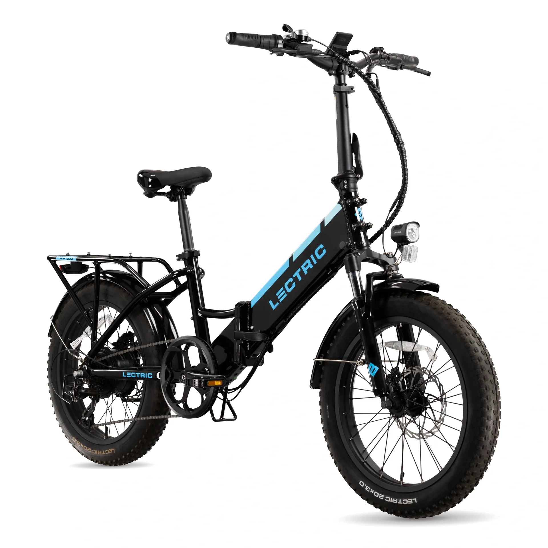 The Lectric - XP Step-Thru 3.0 is a black foldable eBike with thick tires, a padded seat, hydraulic brakes for smooth stops, a rear cargo rack, front light, and blue frame accents.