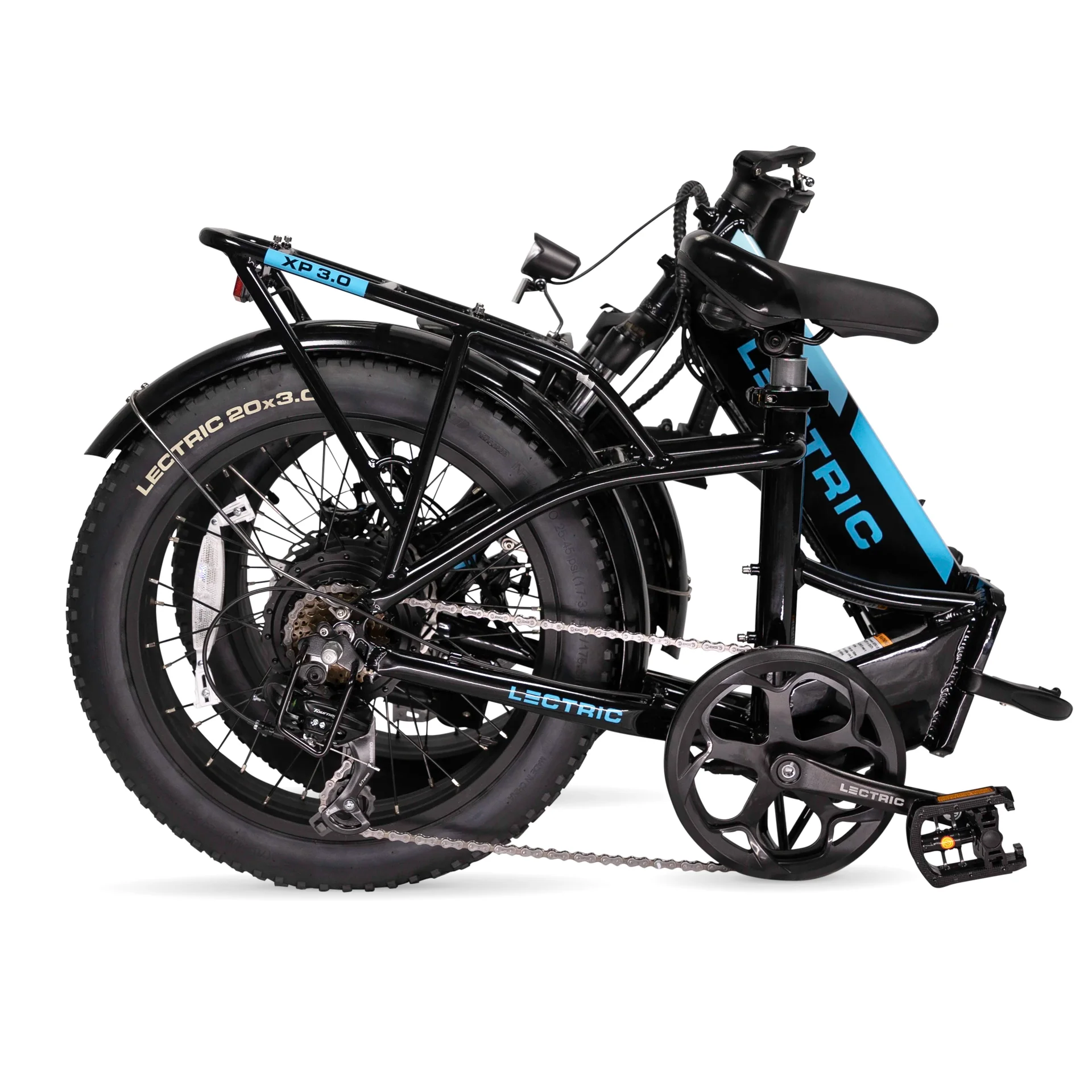 The Lectric - XP Step-Thru 3.0 is a black and blue foldable eBike with fat tires, complete with hydraulic brakes for superior stopping power, and features "Lectric" labeling on the frame and battery.