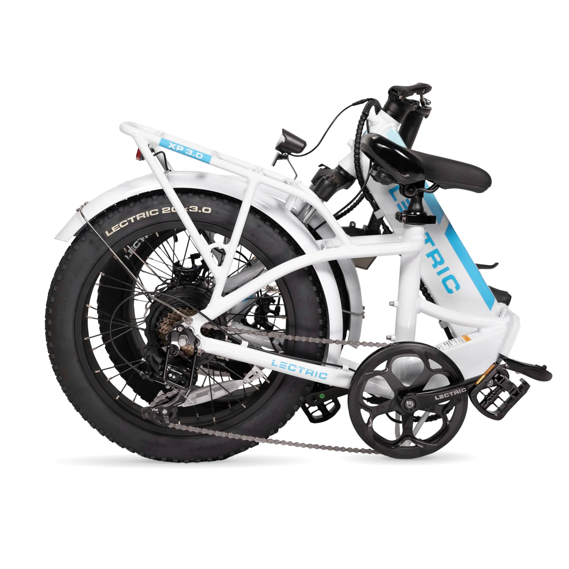 Lectric - XP Step-Thru 3.0 is a foldable white and blue e-bike with thick tires, ideal for easy storage or transport.