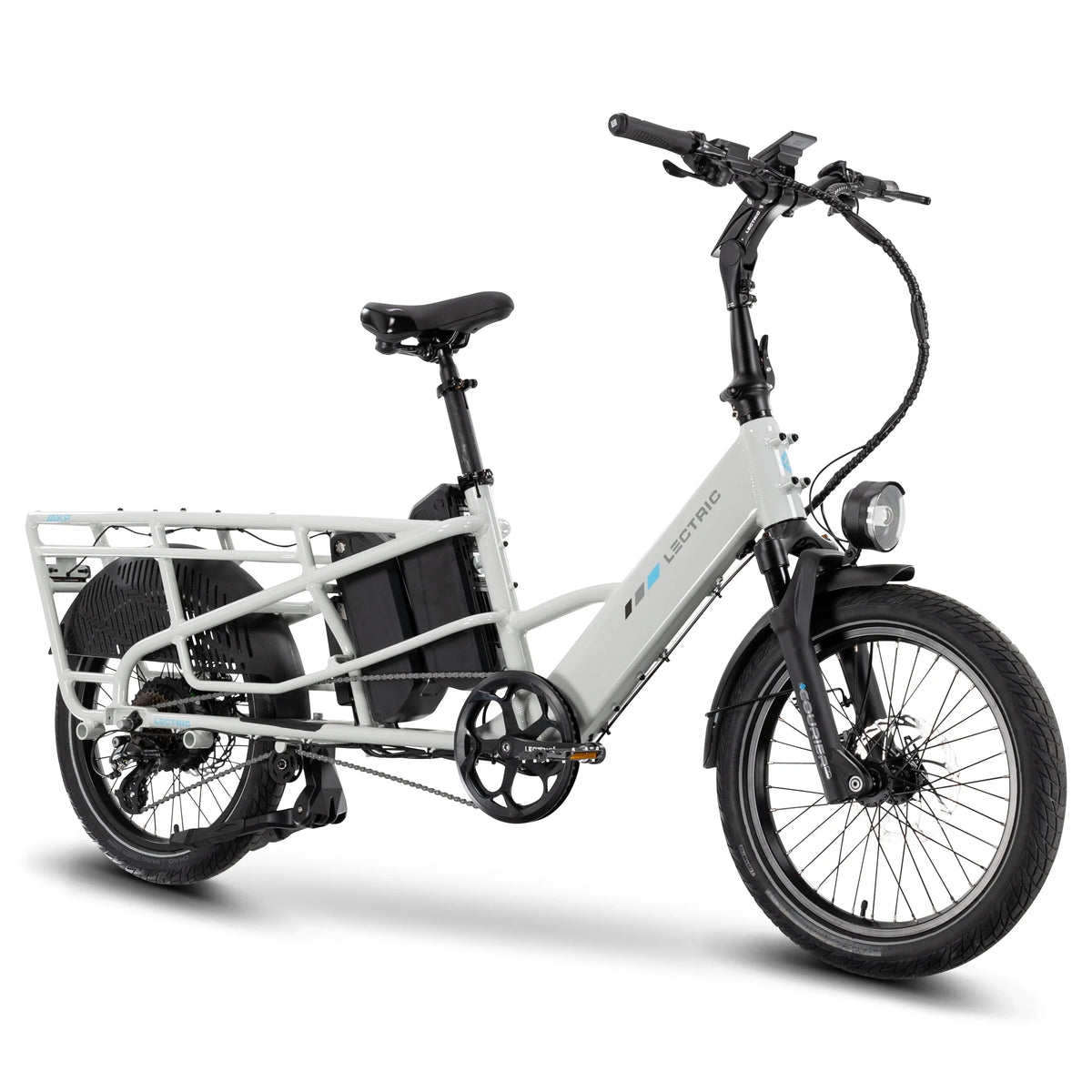 Lectric XPedition2 Stratus White dual-battery configuration electric bike, three-quarter view