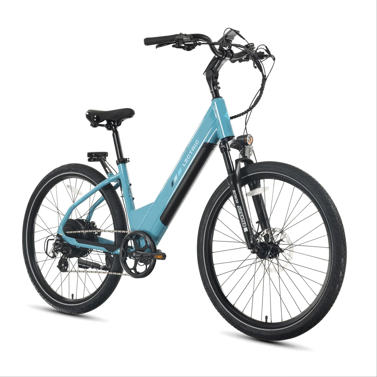 Lectric XPress2 Raindrop Blue Cruiser electric bike, three-quarter view
