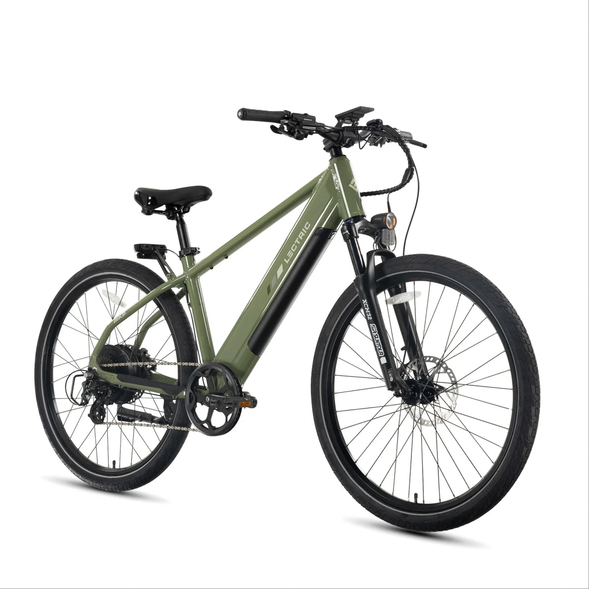 Lectric XPress2 Pine Green Commuter electric bike, three-quarter view
