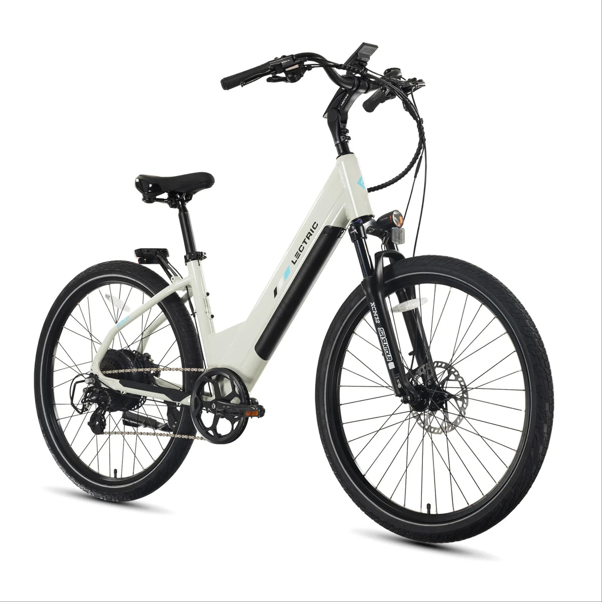 Lectric XPress2 Stratus White Cruiser electric bike, three-quarter view