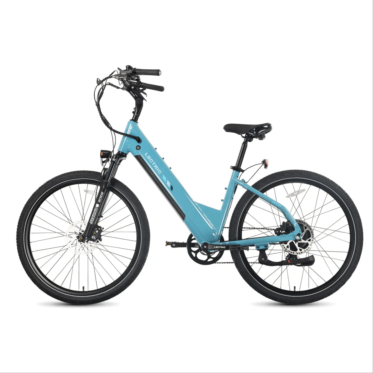 Lectric XPress2 Raindrop Blue Cruiser electric bike, side profile facing left