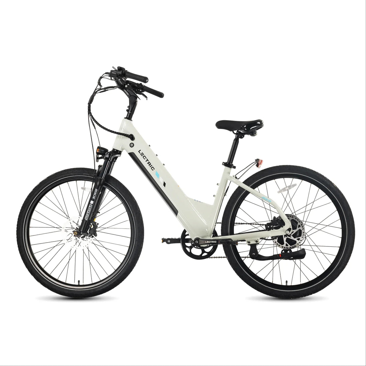 Lectric XPress2 Stratus White Cruiser electric bike, side profile facing left