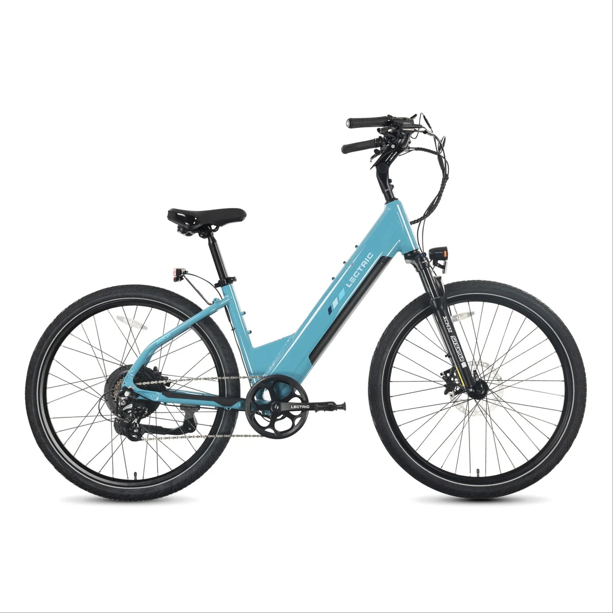 Lectric XPress2 Raindrop Blue Cruiser electric bike, side profile facing right