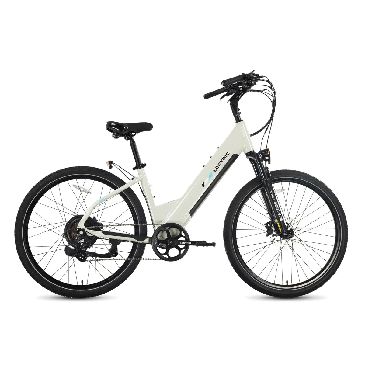Lectric XPress2 Stratus White Cruiser electric bike, side profile facing right