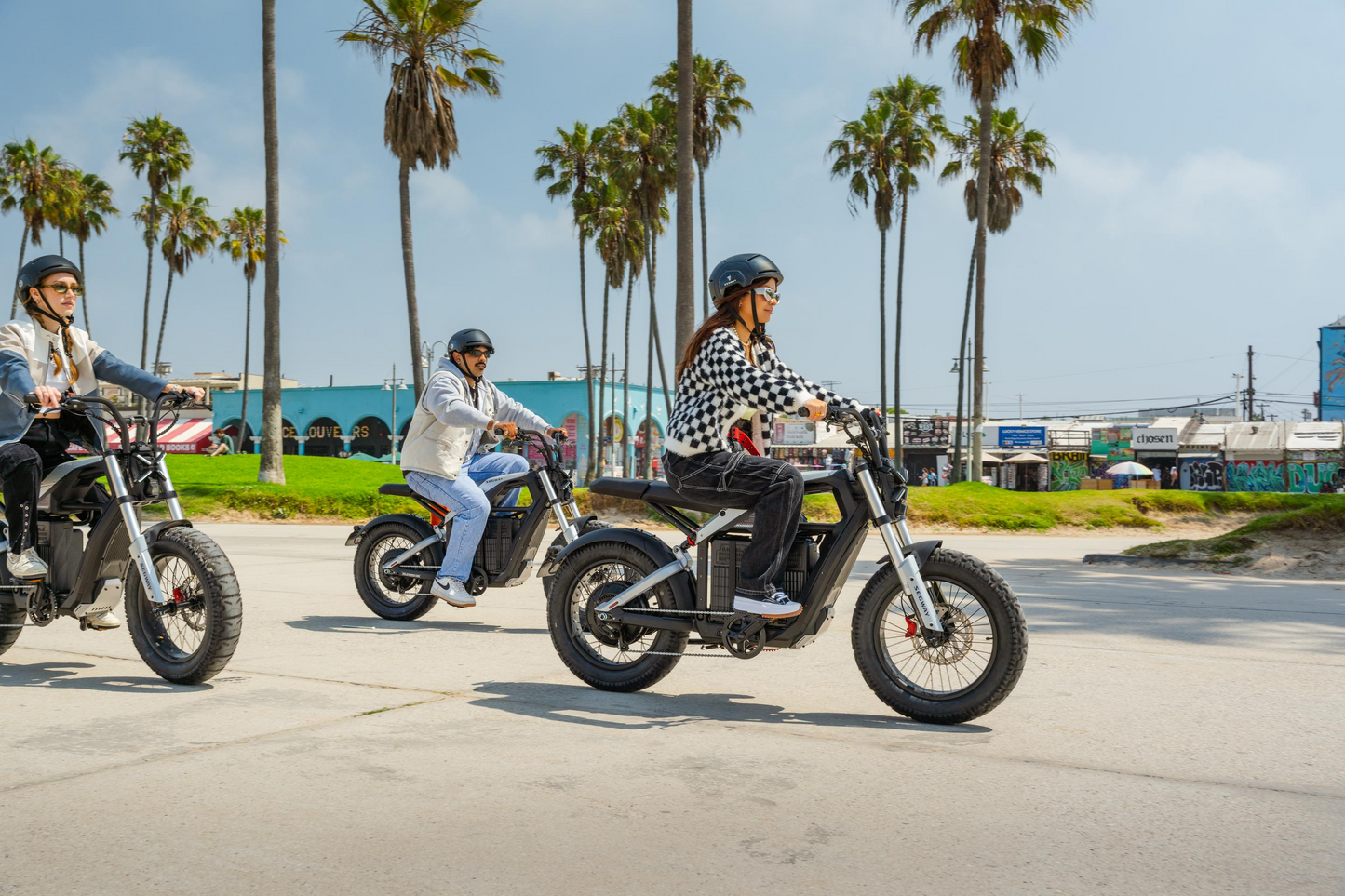 Three people ride Segway Xyber eBikes along a sunny boardwalk in Tampa Bay, their helmets gleaming in the sunshine. Surrounded by palm trees and vibrant murals, it's an ideal day with the city's buildings forming a stunning urban backdrop.