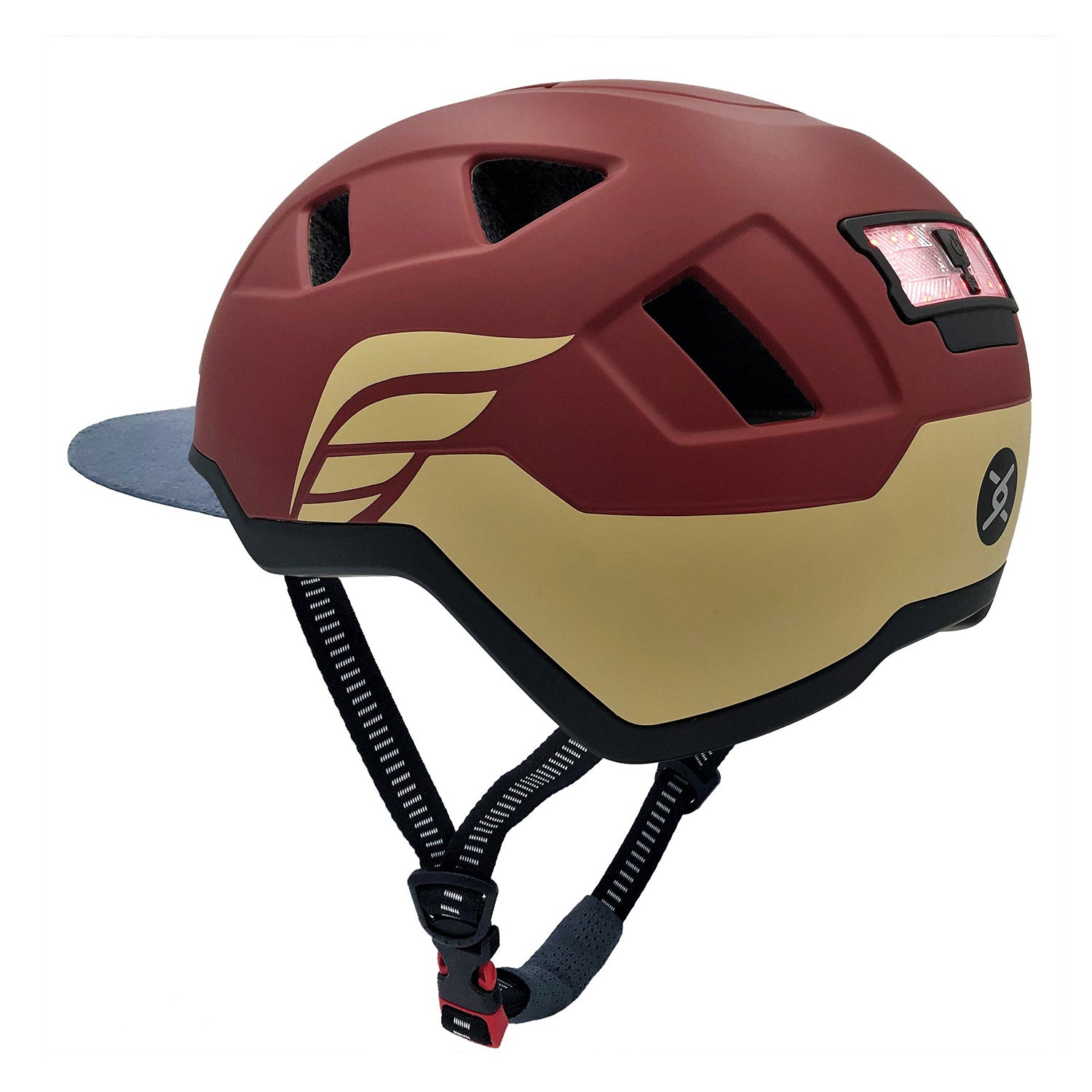 A CPSC certified Helmet XNITO - Old School - Valkyrie e-bike helmet with a visor, chin strap, and LED front and rear lights.