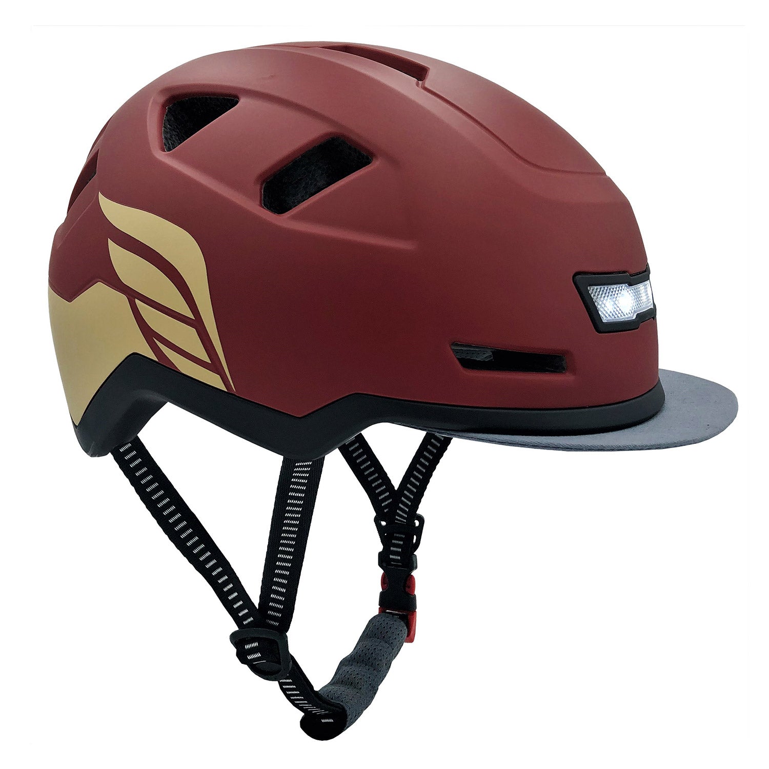 A red XNITO e-bike helmet with a gold wing design on the side, an attached black strap, and integrated LED front and rear lights.